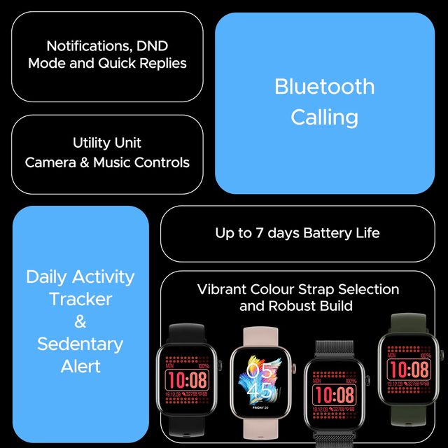 boAt Wave Astra 3 smartwatch features including Bluetooth calling, activity tracker, 7-day battery, and color strap options