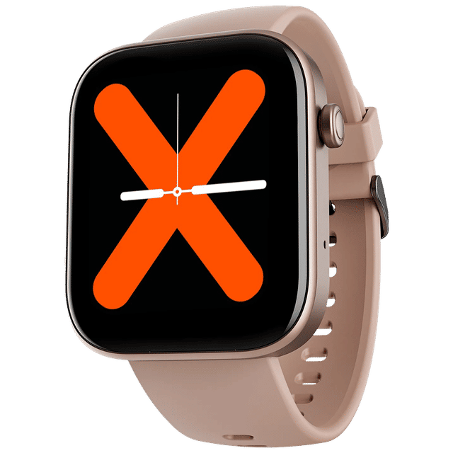boAt Wave Astra 3 smartwatch with beige strap and digital display showing orange X clock face