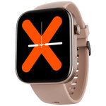 boAt Wave Astra 3 smartwatch with beige strap and digital display showing orange X clock face