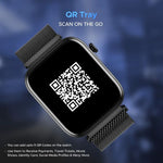 boAt Wave Astra 3 smartwatch with black mesh band displaying QR tray for scanning on the go