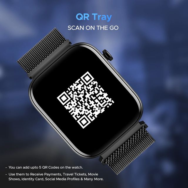 boAt Wave Astra 3 smartwatch with black mesh band displaying QR tray for scanning on the go