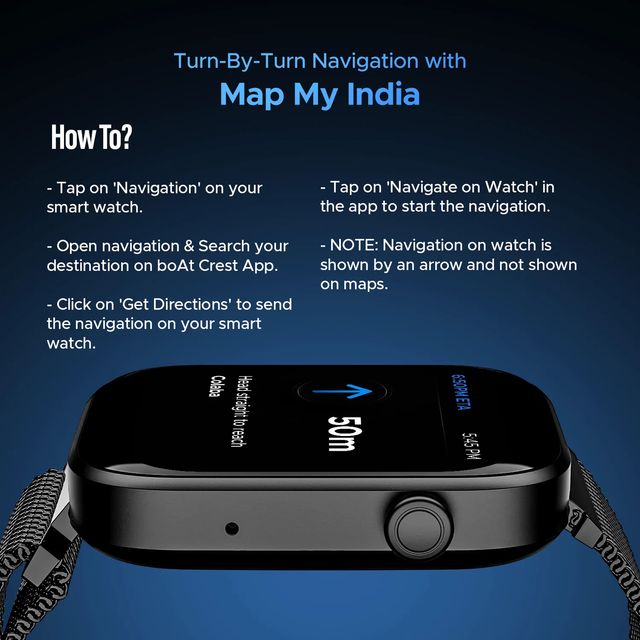 boAt Wave Astra 3 smartwatch side view showing turn-by-turn navigation feature with Map My India