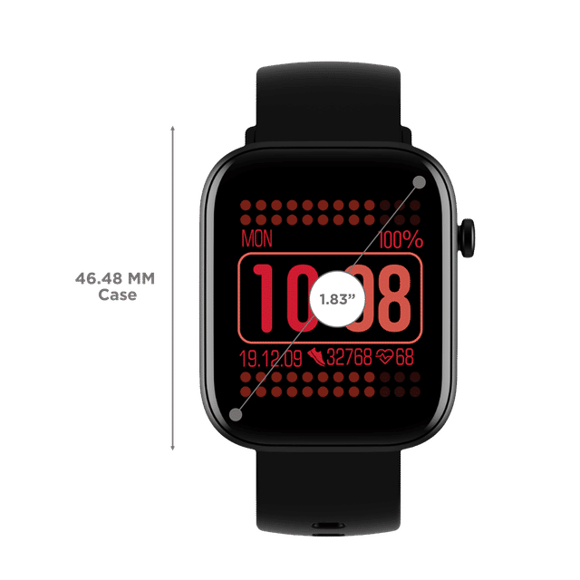 boAt Wave Astra smartwatch with 1.83 inch display and black strap showing digital time and health stats