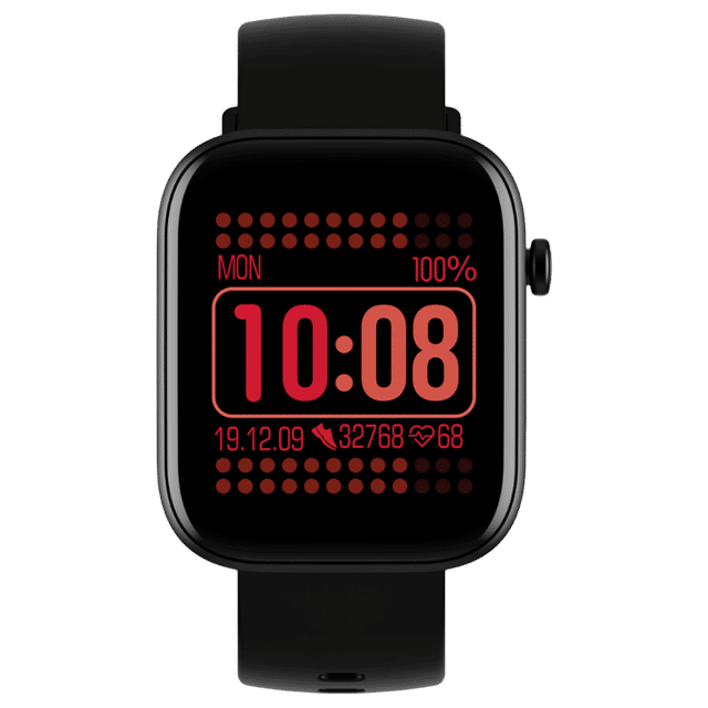 boAt Wave Astra smartwatch with black strap and red digital display showing time and fitness stats