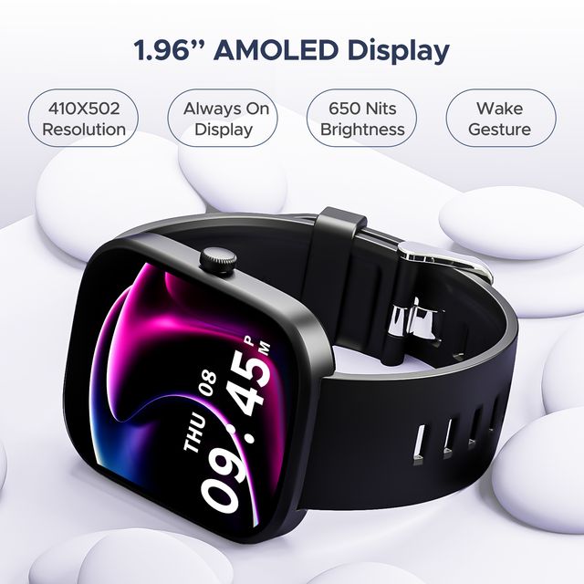 boAt Wave Convex smartwatch with 1.96 inch AMOLED display black strap and high brightness