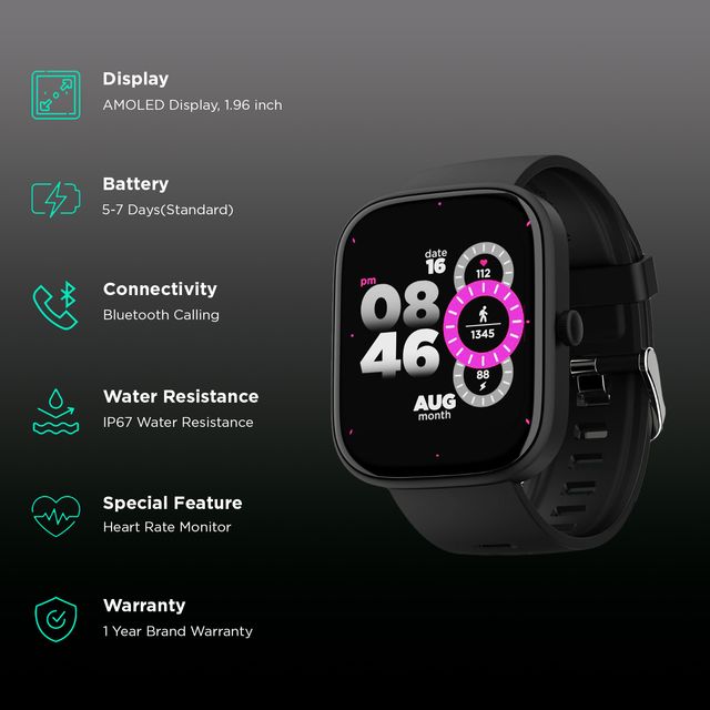boAt Wave Convex smartwatch with 1.96 inch AMOLED display, Bluetooth calling, heart rate monitor, and IP67 water resistance