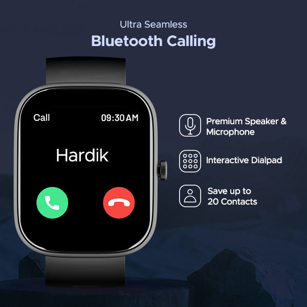 boAt Wave Convex smartwatch showing Bluetooth calling feature with call screen and icons