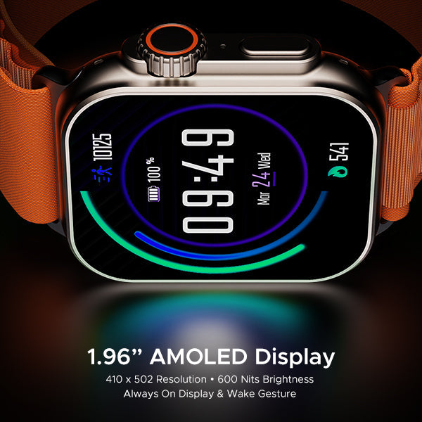 boAt Wave Glory smartwatch with 1.96 inch AMOLED display and orange strap showing time and health stats