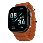 boAt Wave Glory smartwatch with black square dial and orange silicone strap showing fitness stats