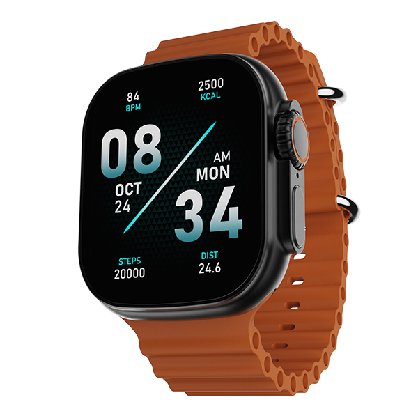 boAt Wave Glory smartwatch with black square dial and orange silicone strap showing fitness stats