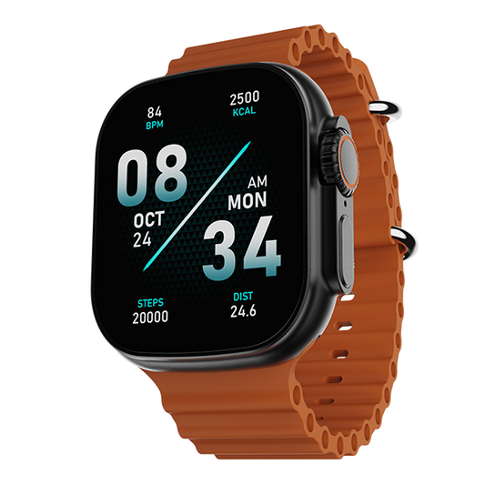 boAt Wave Glory smartwatch with black square dial and orange silicone strap showing fitness stats