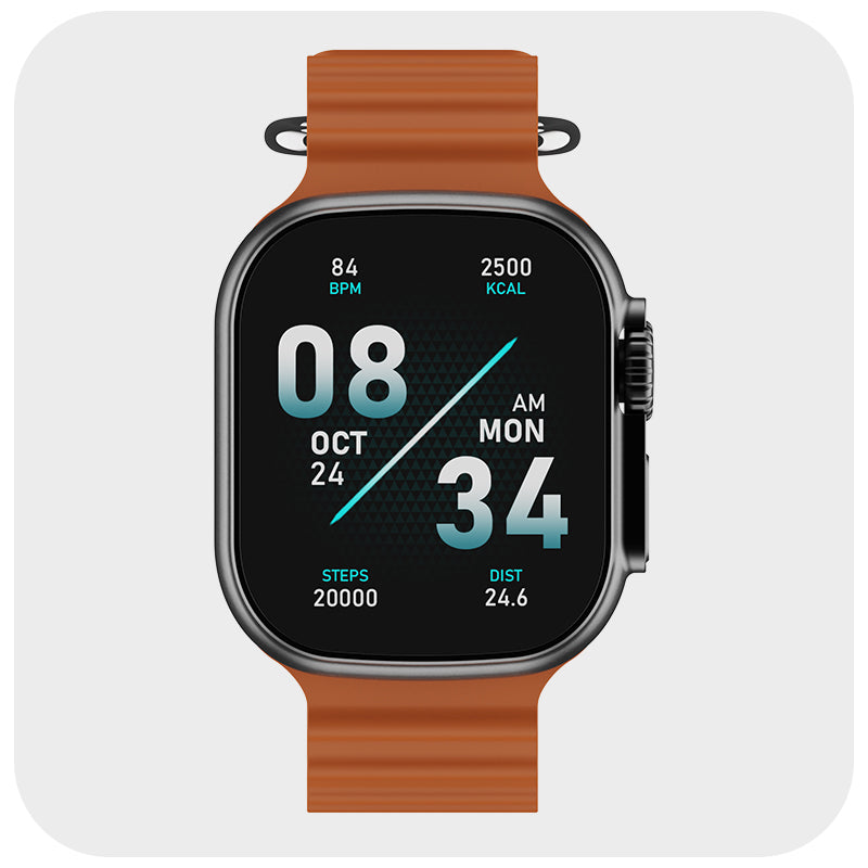 boAt Wave Glory smartwatch with brown strap and digital health tracking display