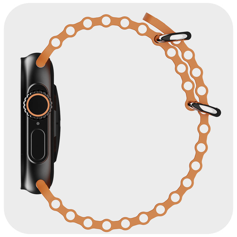 Side view of boAt Wave Glory smartwatch with black case and brown perforated adjustable strap