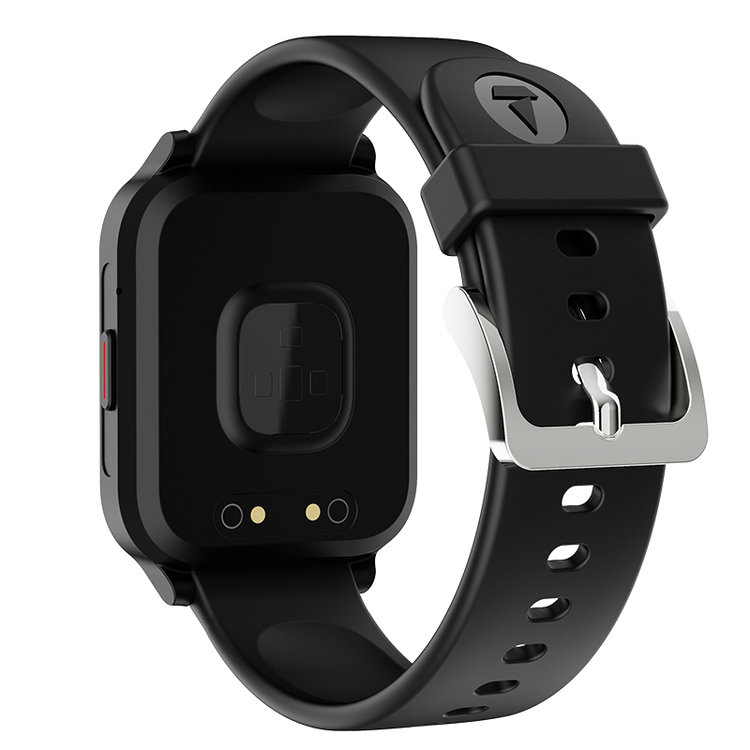 boAt Wave Magma smartwatch in black showing back sensor and adjustable black strap