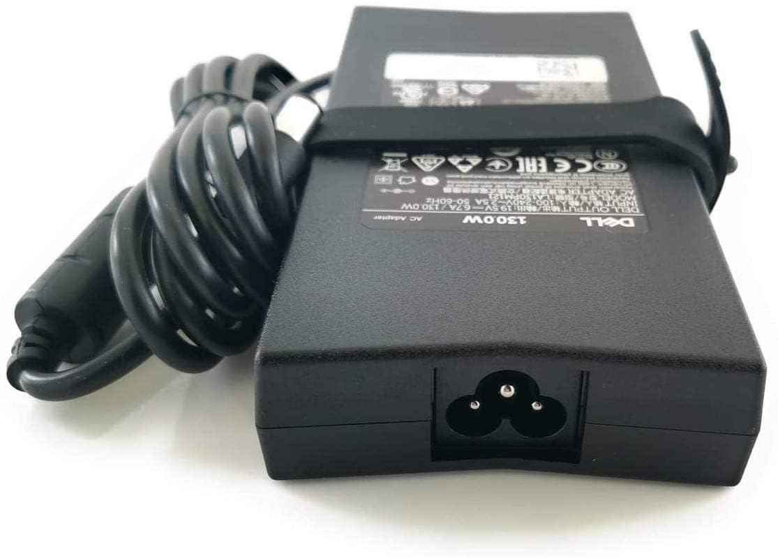 Dell 130W power adapter black rectangular laptop charger with power cord coiled beside it