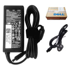 Dell 65W slim black laptop power adapter with detachable power cord and original Dell packaging