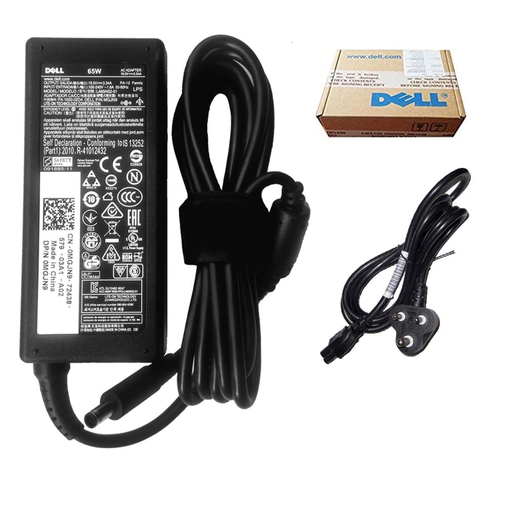Dell 65W slim black laptop power adapter with detachable power cord and original Dell packaging