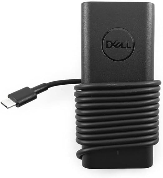 Dell 65W USB-C charger adapter with compact design and coiled charging cable in black