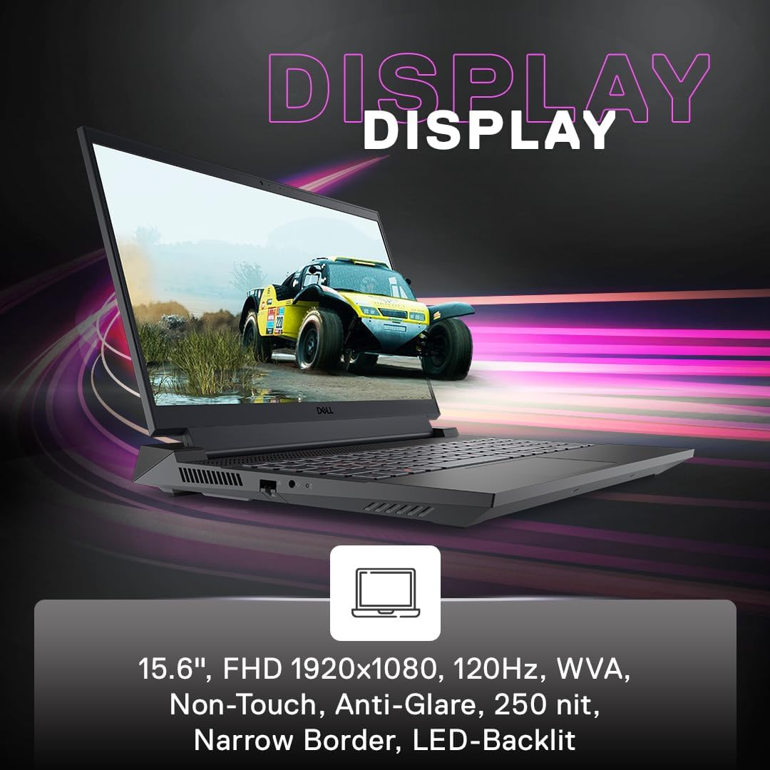 Dell G15 5530 gaming laptop open with 15.6 inch FHD 1920x1080 120Hz display showing an off road racing game scene