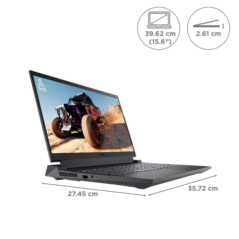 Dell G15 5530 gaming laptop open with 15.6 inch display showing off road buggy image black chassis with vents and ports visible