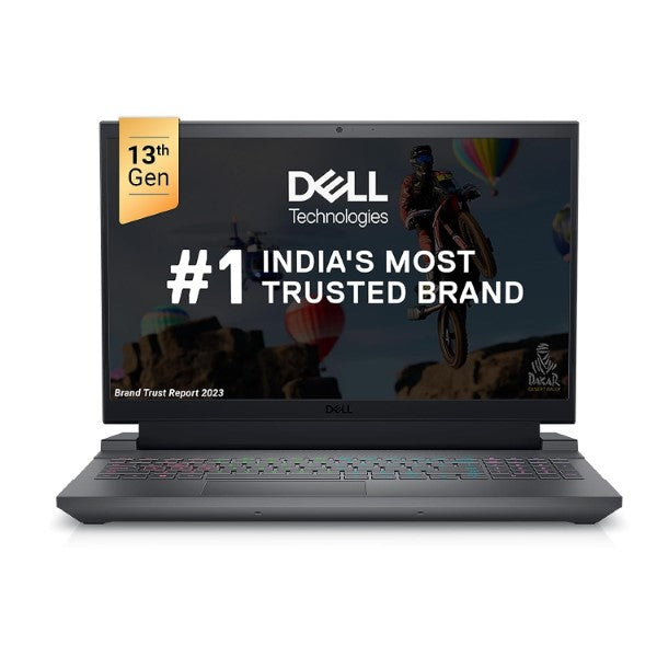Dell i7-13650HX gaming laptop open with RGB backlit keyboard and 13th Gen badge on display
