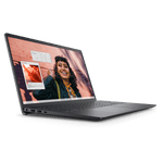 Dell Inspiron 15 laptop open at an angle showing dark gray chassis thin bezels and screen with smiling woman and app windows