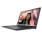 Dell Inspiron 15 laptop slim gray model open at angle showing keyboard and vibrant display with smiling woman