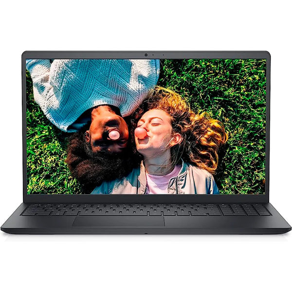 Dell Inspiron 15 laptop open front view showing vibrant screen of two friends lying on grass blowing bubblegum bubbles