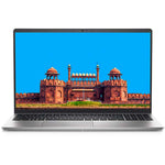 Front view of silver Dell Inspiron 3520 laptop open showing thin bezels keyboard and Red Fort wallpaper