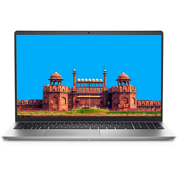 Front view of silver Dell Inspiron 3520 laptop open showing thin bezels keyboard and Red Fort wallpaper