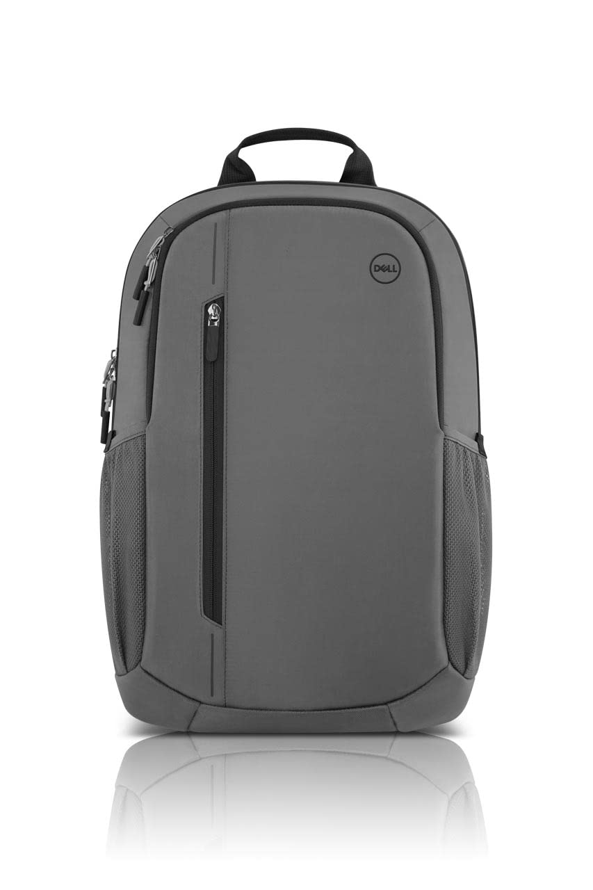 Dell EcoLoop Urban Backpack in gray with multiple zippered compartments and side mesh pockets