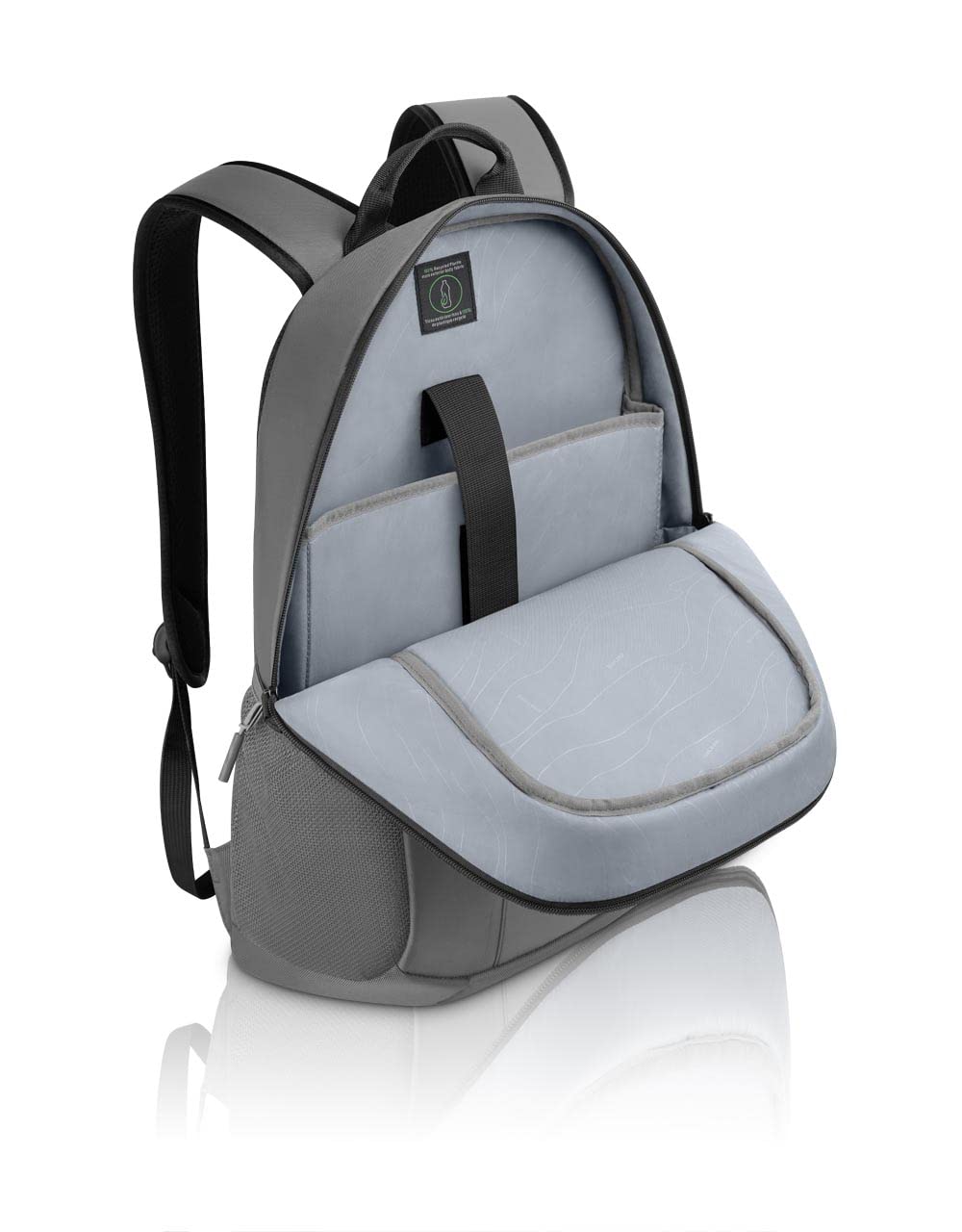 Dell EcoLoop Urban Backpack in gray with multiple compartments and padded laptop sleeve open