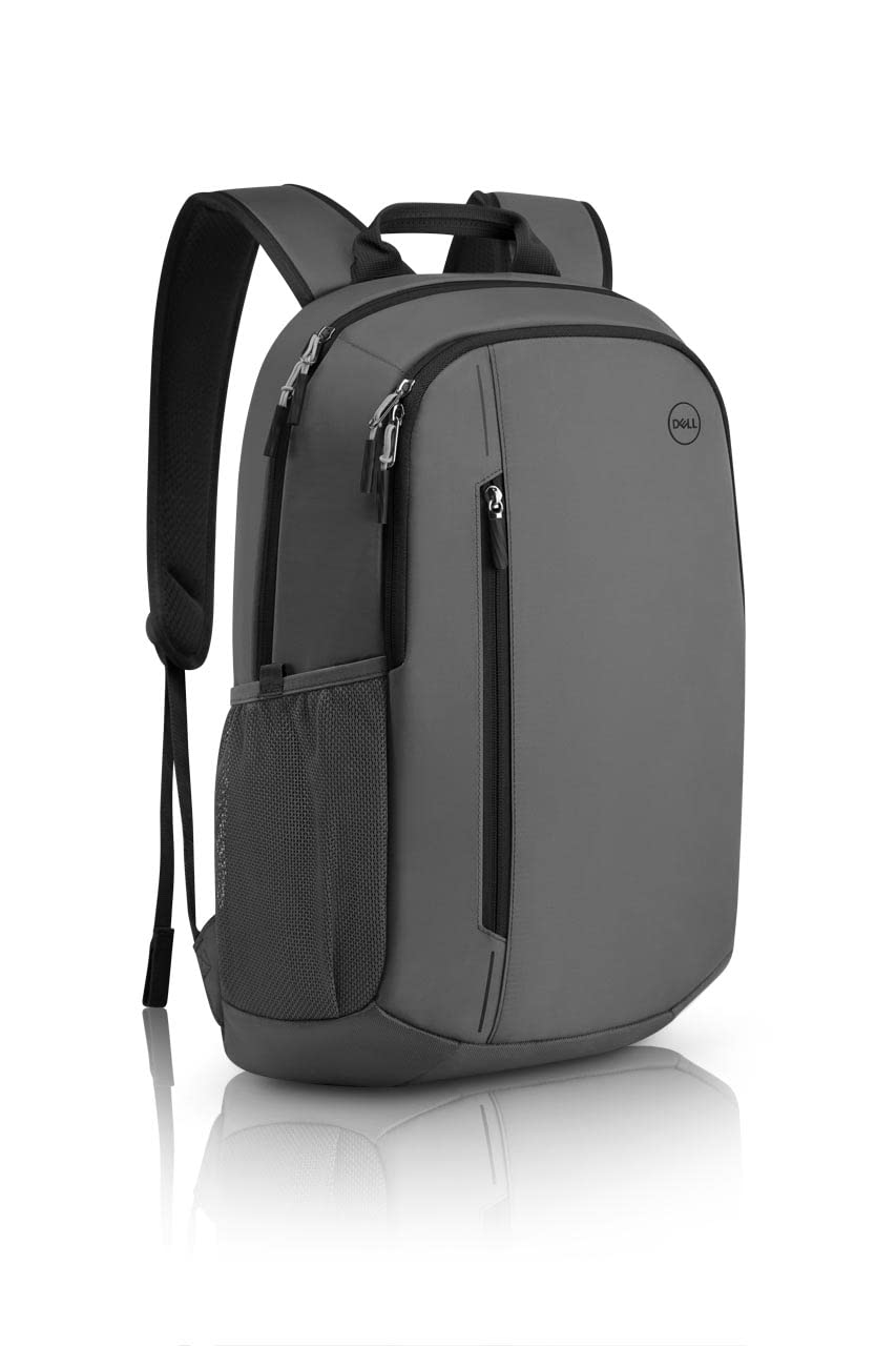 Gray Dell EcoLoop Urban Backpack with multiple zippered compartments and side mesh pocket