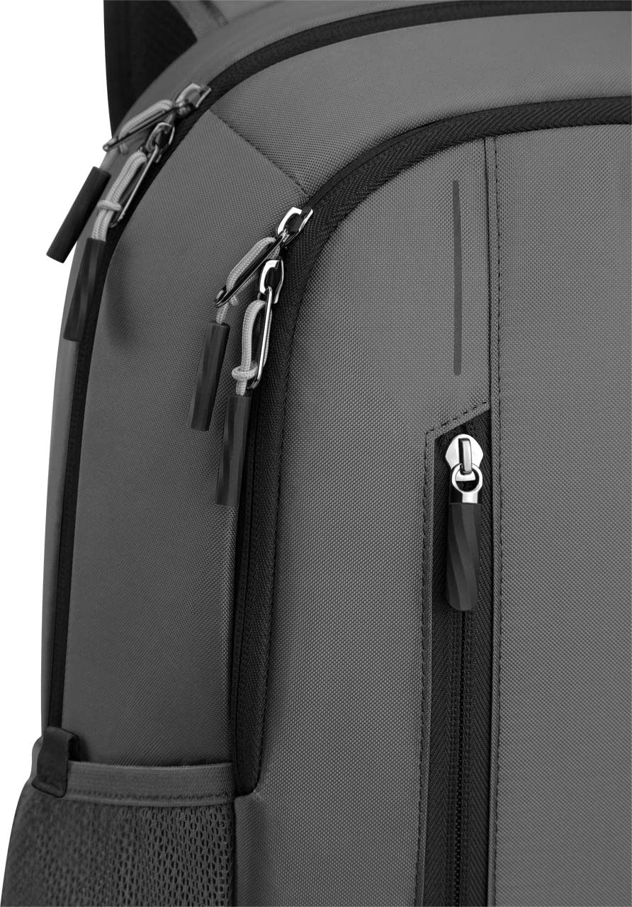 Close-up view of gray Dell EcoLoop Urban Backpack with multiple zippered compartments