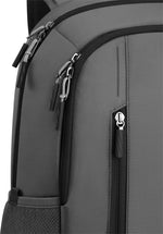 Close-up view of gray Dell EcoLoop Urban Backpack with multiple zippered compartments