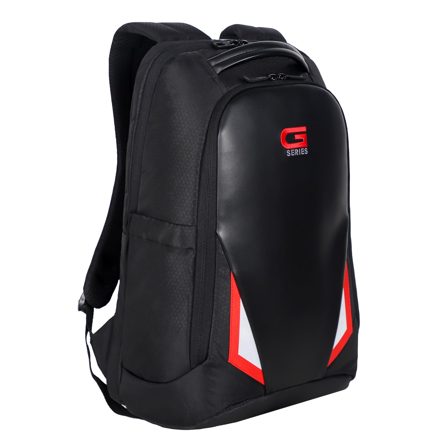 Black Dell G Series 17 inch laptop backpack with red and white accents and padded shoulder straps