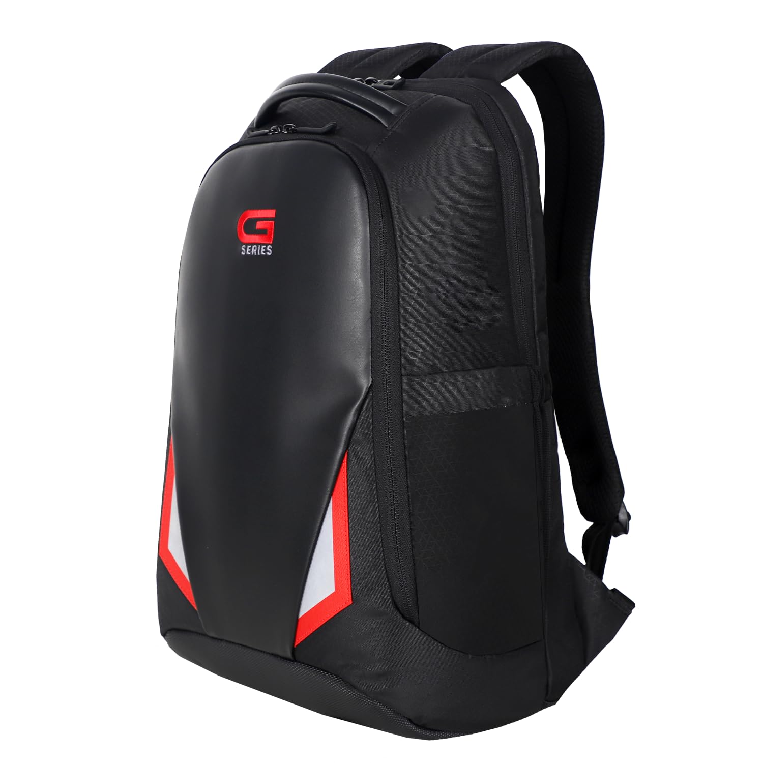 Dell G Series 17 inch laptop backpack in black with red and white accents and padded shoulder straps