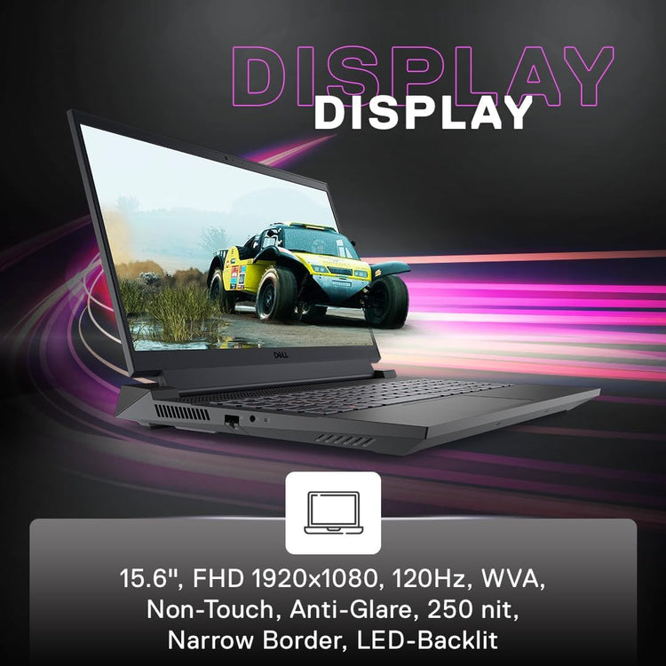 Dell G15 5530 gaming laptop with 15.6 inch FHD display, 1920x1080 resolution, 120Hz refresh rate, and LED backlit screen