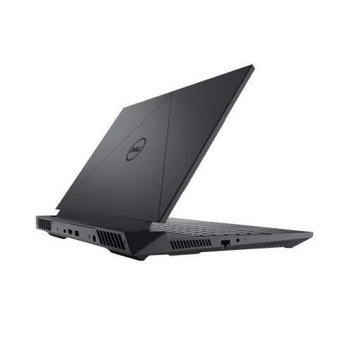 Sleek black Dell G15 5530 gaming laptop with cooling vents and partially open lid on black background