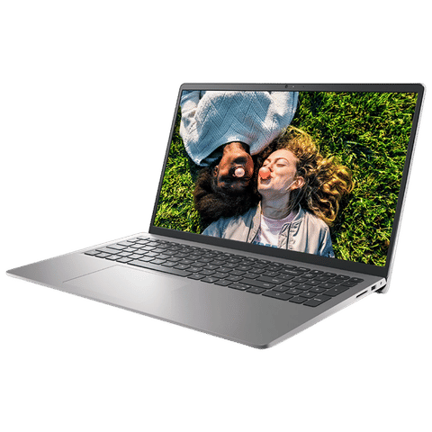 Dell Inspiron 15 3530 laptop with slim silver design displaying a photo of two women lying on grass