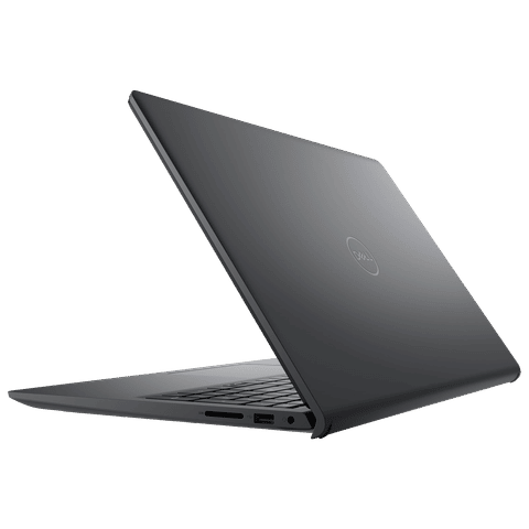 Sleek black Dell Inspiron 15 3535 laptop partially open showing side ports and keyboard