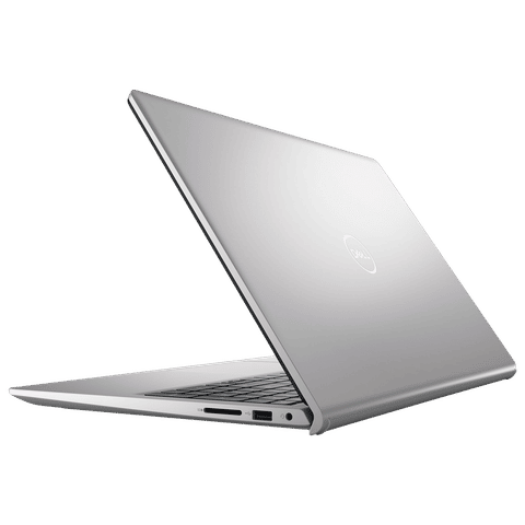 Sleek silver Dell Inspiron 15 laptop partially open showing slim design and ports