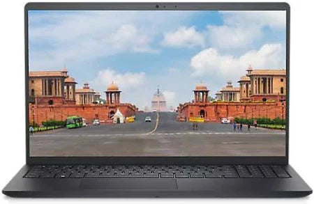 Dell Inspiron 15 laptop with slim black design displaying a scenic cityscape on the screen