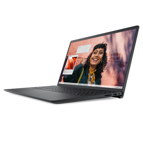 Dell Inspiron 15 laptop open with a woman smiling on the screen and slim black design
