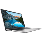 Sleek silver Dell Inspiron 15 laptop open showing vibrant mountain and lake wallpaper on screen