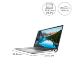 Dell Inspiron 15 laptop open showing mountain lake wallpaper with dimensions on black background