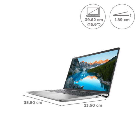 Dell Inspiron 15 laptop open showing mountain lake wallpaper with dimensions on black background