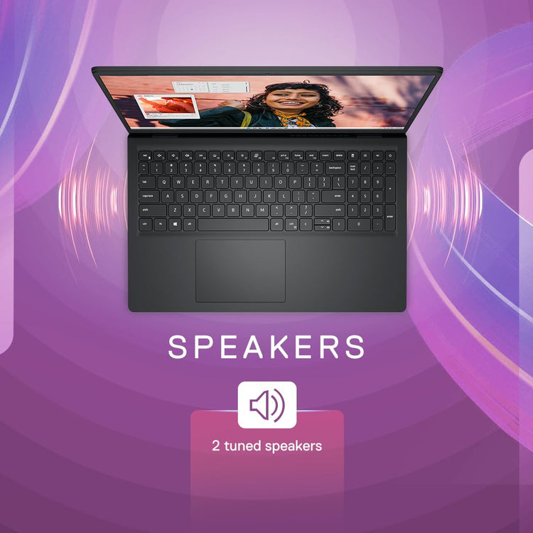 Top view of Dell Inspiron 15 laptop showing keyboard and screen with audio speaker feature highlighted