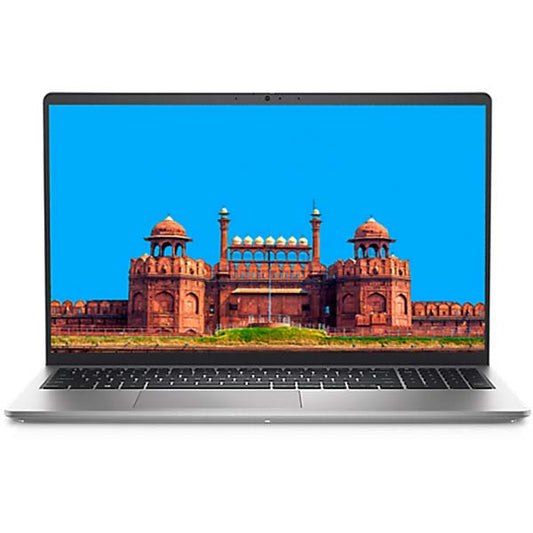 Dell Inspiron 3520 laptop open with high-resolution screen displaying historic red fort image