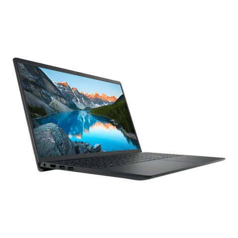 Sleek black Dell Inspiron 3520 laptop open with scenic mountain and lake wallpaper on screen